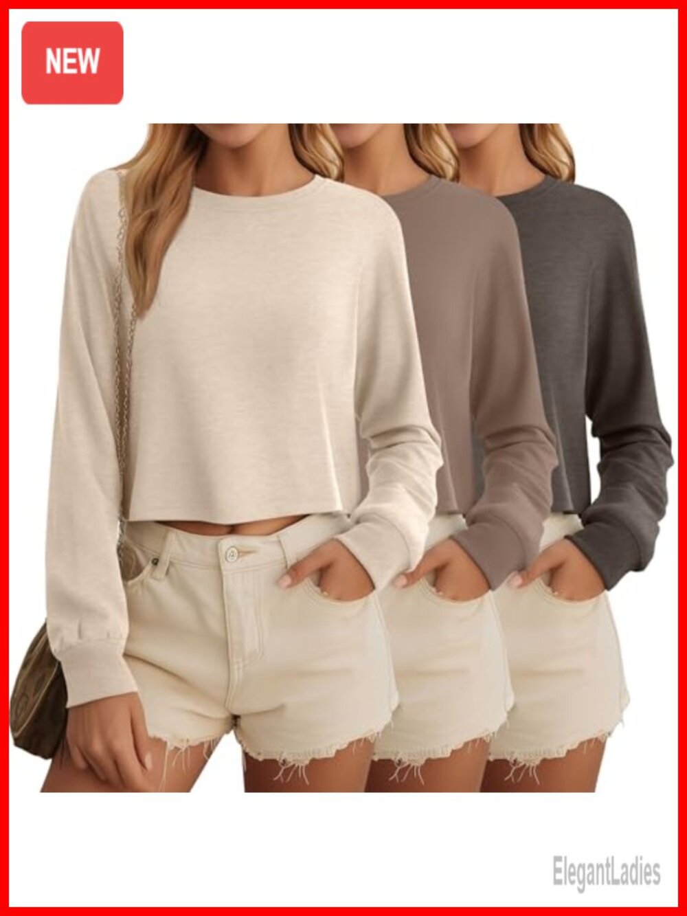 3 Pack Long Sleeve Cropped Tops for Women Cotton Spandex Crew Neck